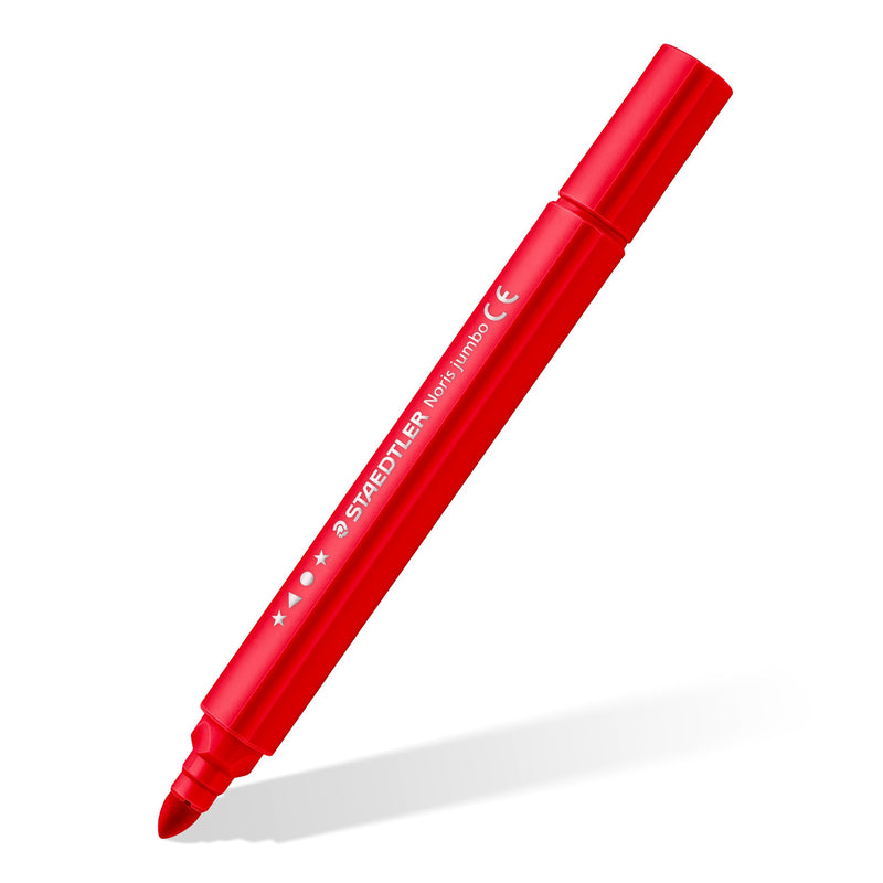 Single red Staedtler Noris jumbo 328-B triangular fibre-tip pen with cap, shown at an angle
