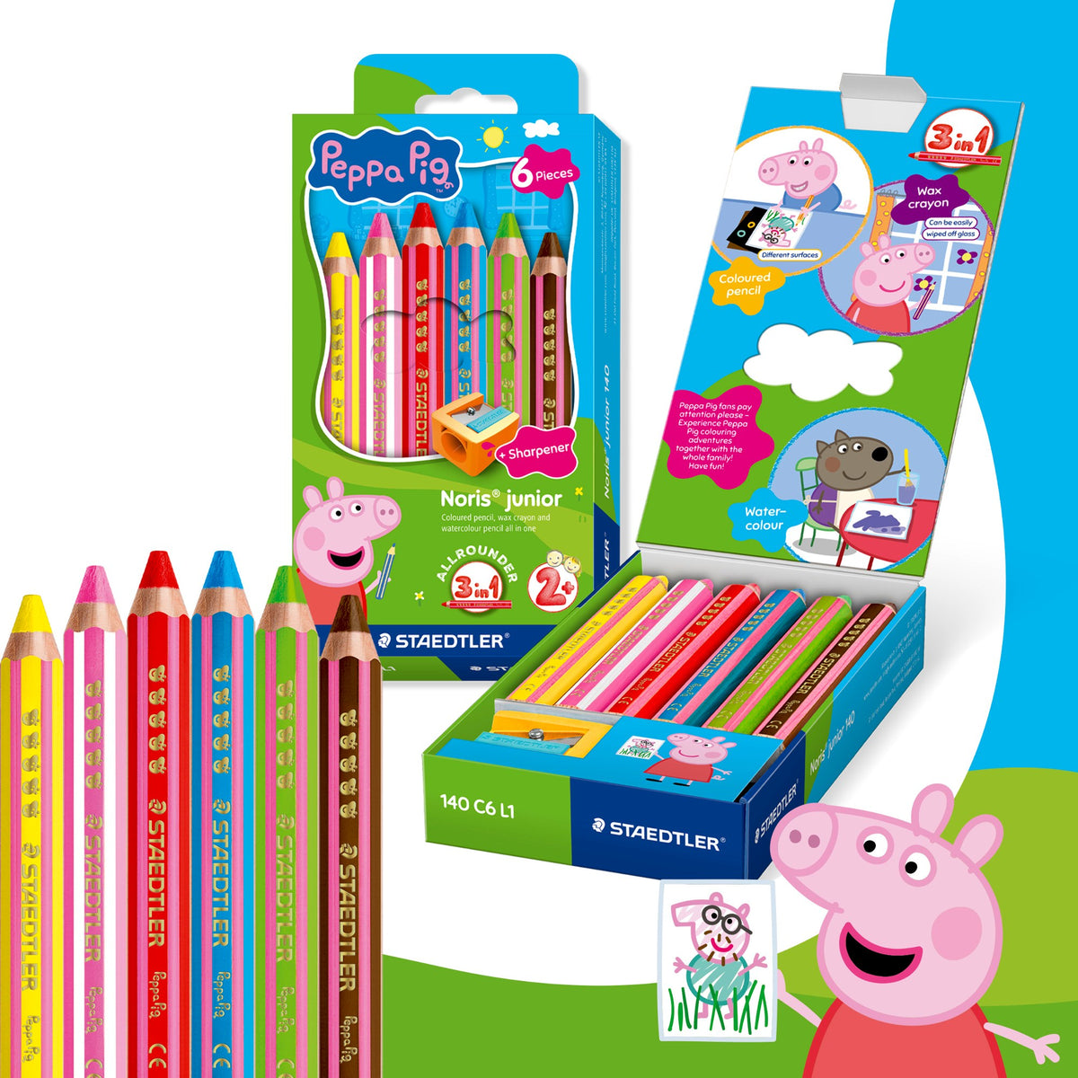 Peppa Pig box of 6 shown closed and opened with its activity panel, plus Peppa pencils laid out in front