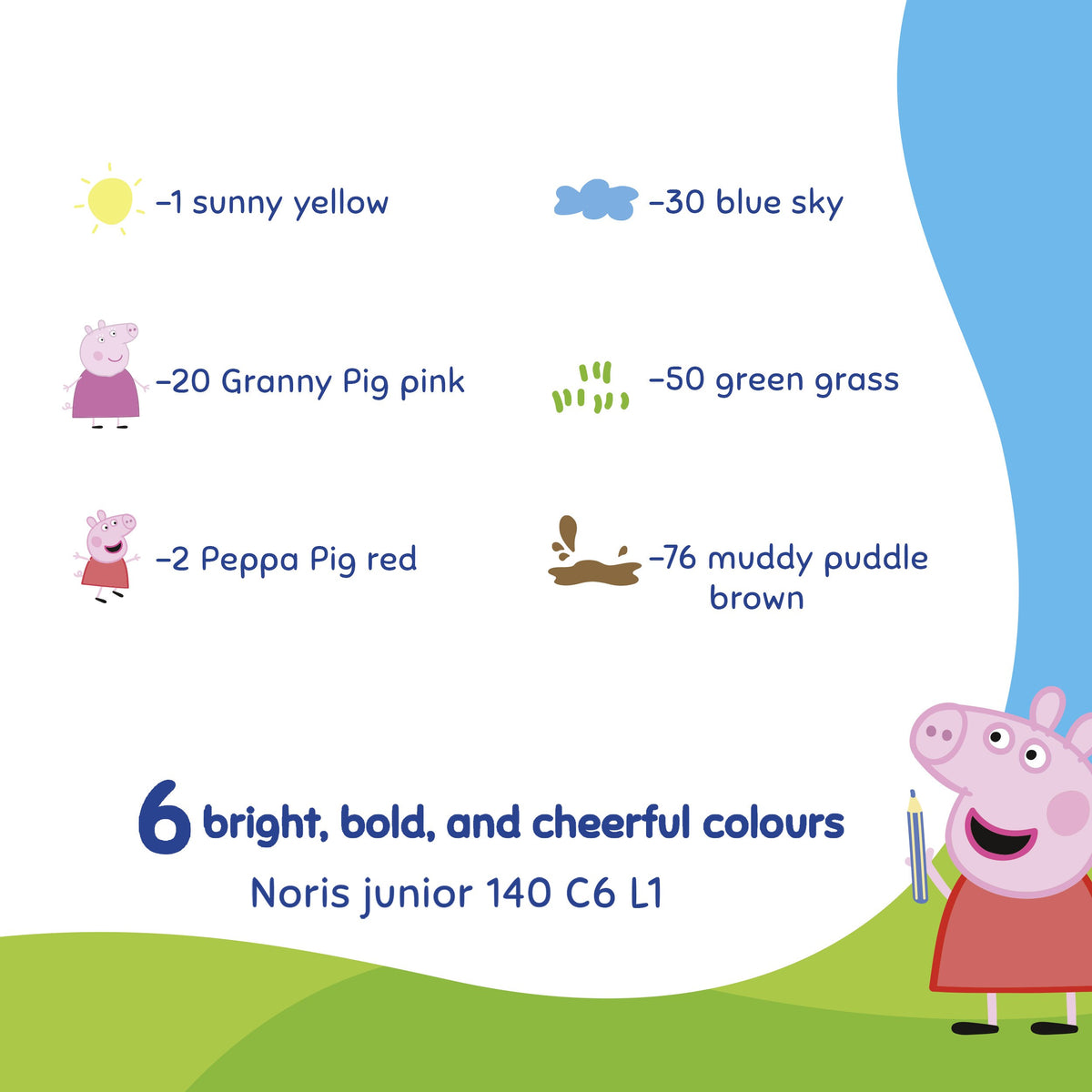 Staedtler colour chart for Noris junior 140 C6 L1 with Peppa Pig: sunny yellow, Granny Pig pink, Peppa Pig red, blue sky, green grass and muddy puddle brown
