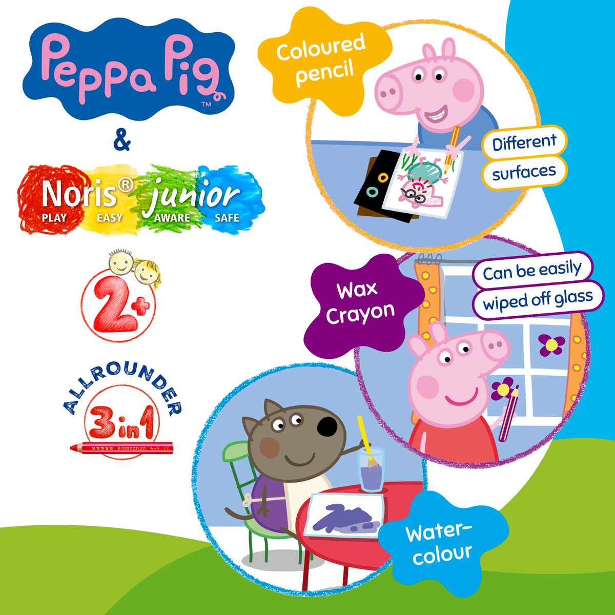 Staedtler Peppa and Noris junior characteristics image: 2+, allrounder 3 in 1, coloured pencil, wax crayon, watercolour and different surfaces