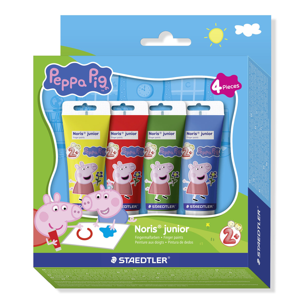 Staedtler Noris junior Peppa Pig finger paints box of 4 front, Peppa and George artwork, four tubes in the window and a 2+ age mark