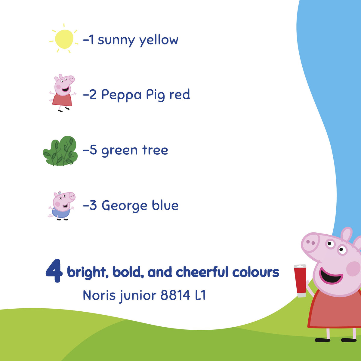 Colour key for Noris junior 8814 L1: sunny yellow, Peppa Pig red, green tree and George blue, with Peppa holding a cup