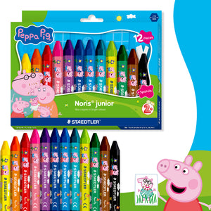 Staedtler Noris junior Peppa Pig box of 12 wax crayons with spatula, shown with twelve Peppa-printed crayons standing in front and Peppa waving