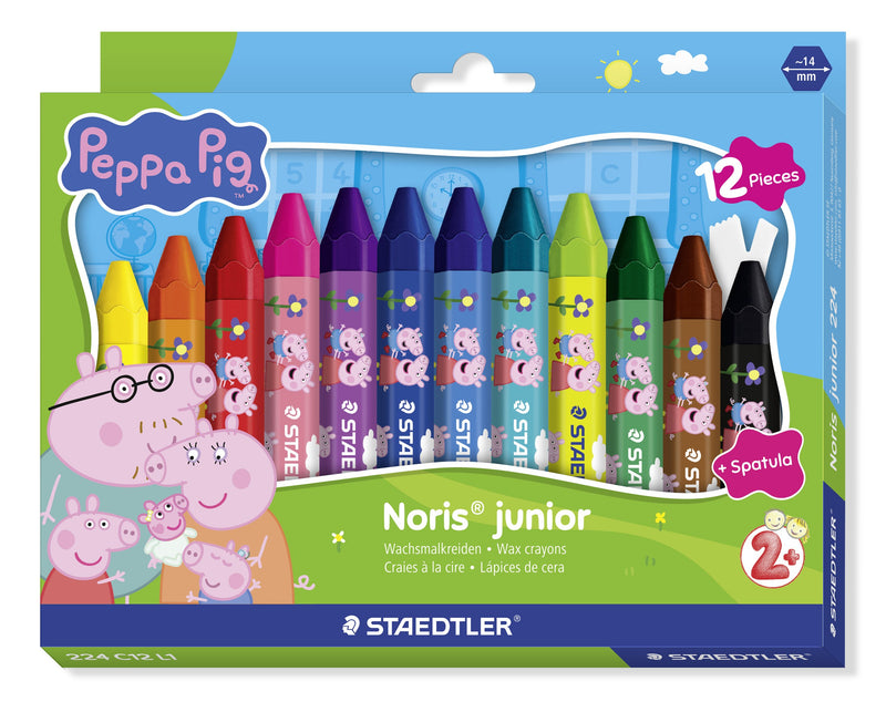 Front of the Peppa Pig Noris junior box: 12 Pieces flash, plus Spatula sticker, a 2+ age mark and approx. 14 mm hexagon icon