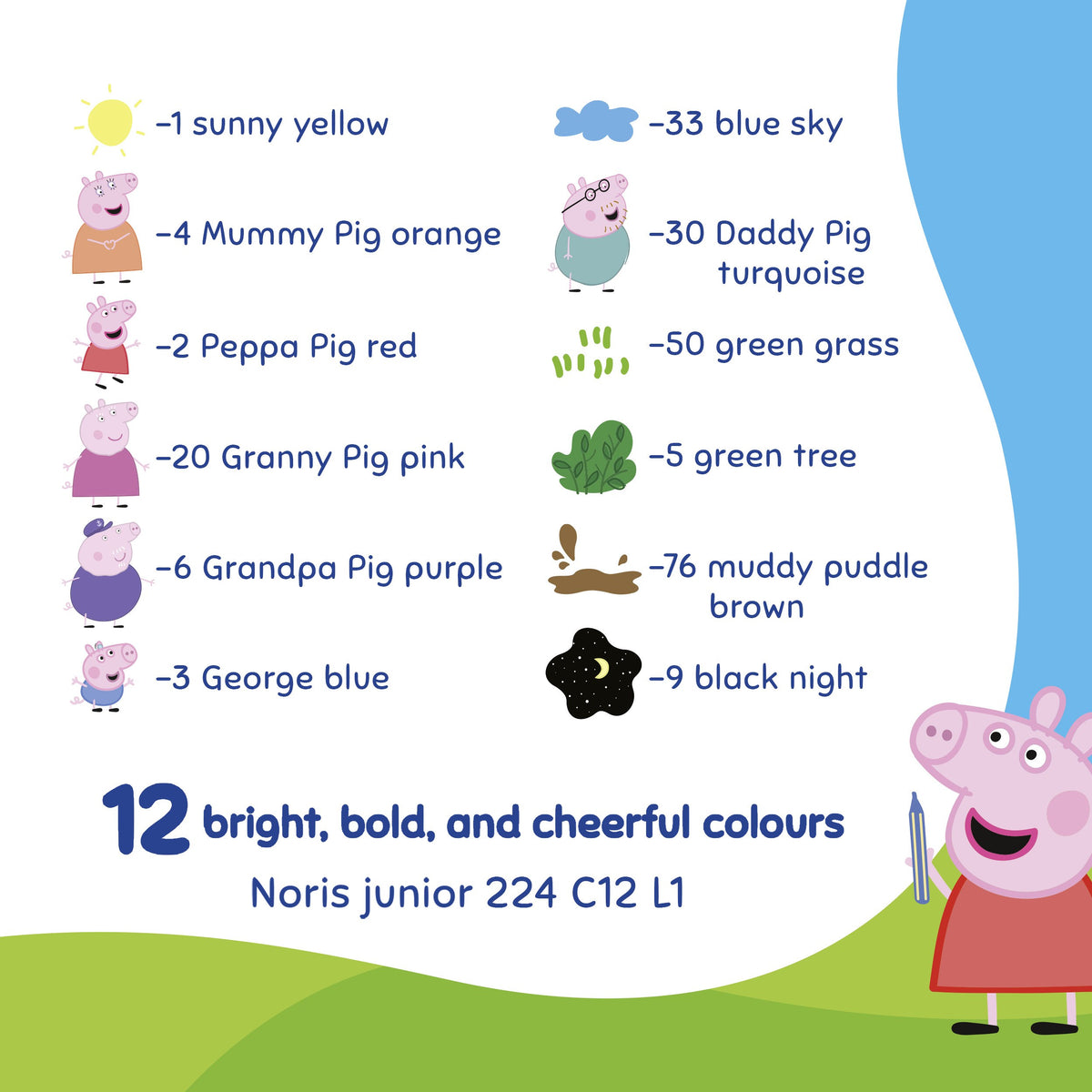 Staedtler colour list for 224 C12 L1 with Peppa names from sunny yellow and Mummy Pig orange to muddy puddle brown and black night