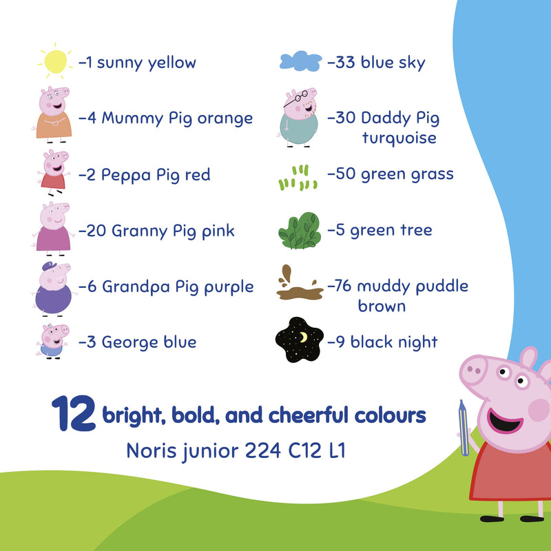 Staedtler colour list for 224 C12 L1 with Peppa names from sunny yellow and Mummy Pig orange to muddy puddle brown and black night