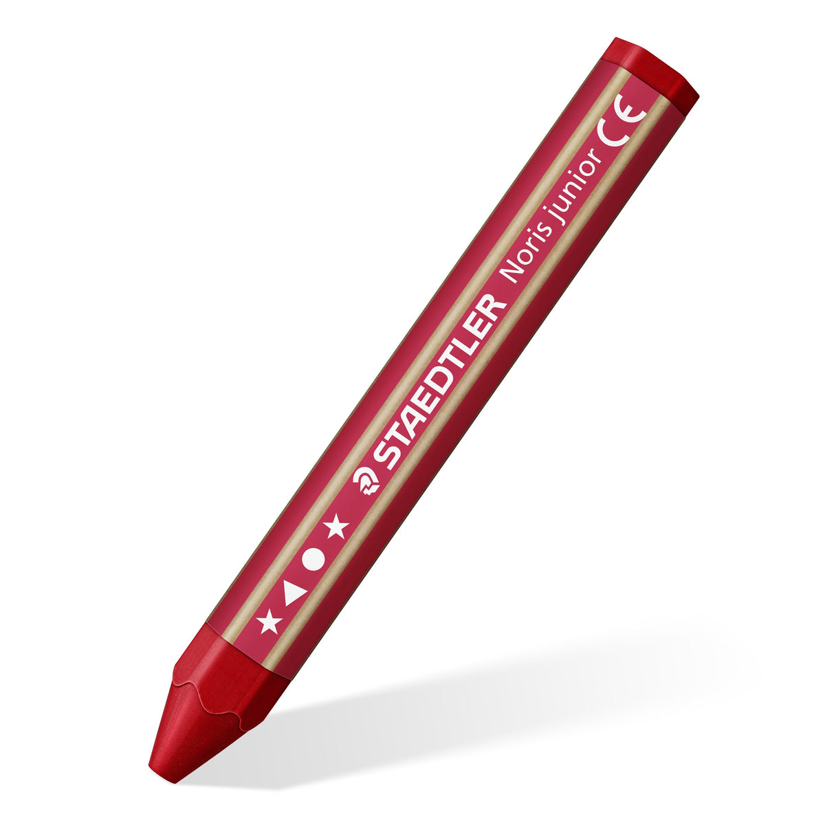 One red Noris junior wax crayon on a diagonal, short hexagonal shape in a red paper wrap printed STAEDTLER Noris junior