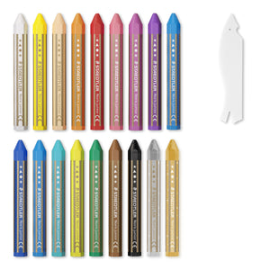 Contents of the Noris junior 224 C18: eighteen paper-wrapped hexagonal wax crayons in two rows, including white, gold and silver, with a white scraper
