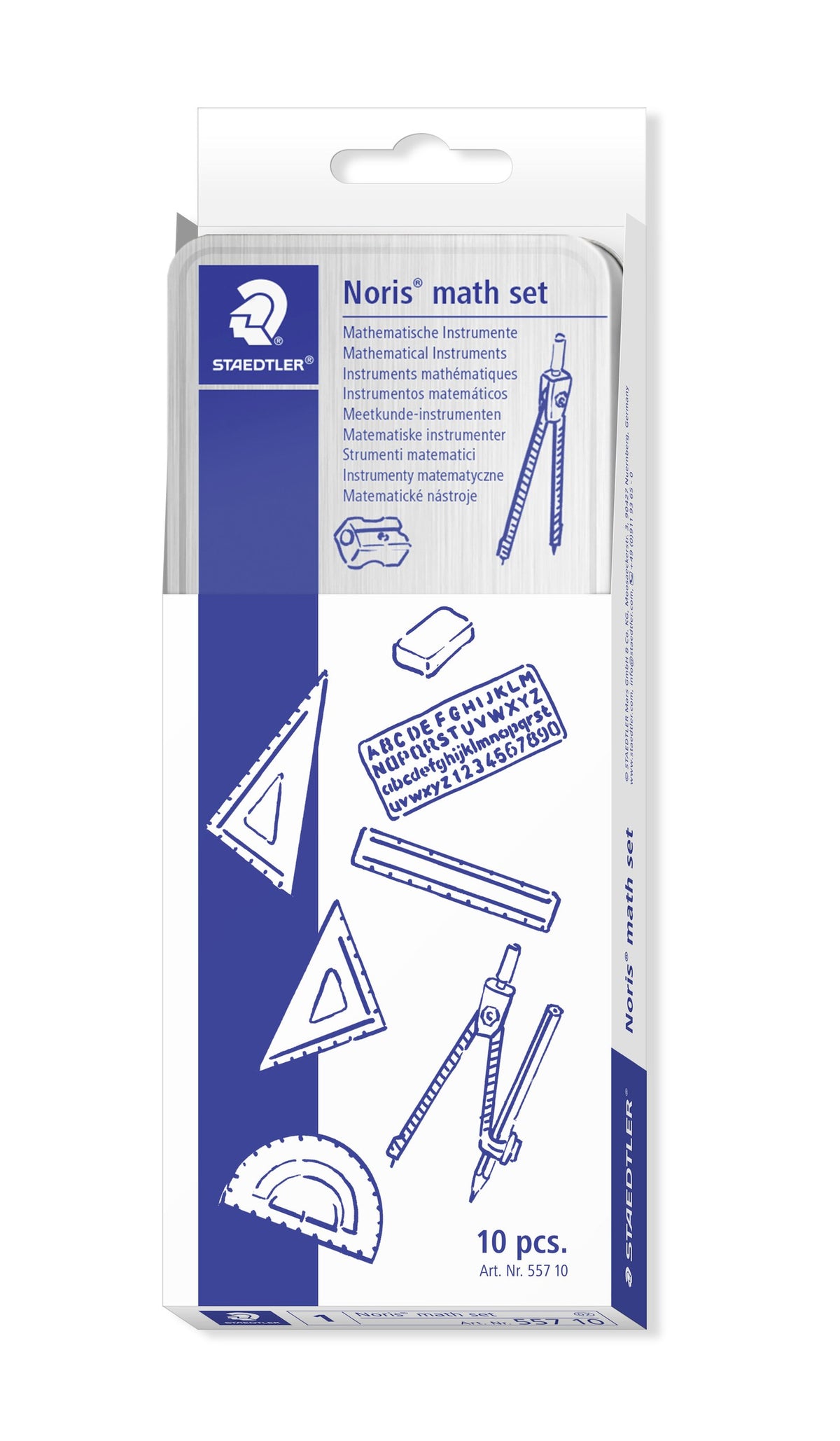 Staedtler Noris math set 557 10 tin in its white and blue hanging sleeve, printed Mathematical Instruments, 10 pcs and Art. Nr. 557 10