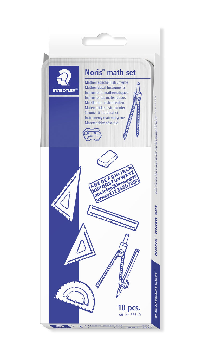 Staedtler Noris math set 557 10 tin in its white and blue hanging sleeve, printed Mathematical Instruments, 10 pcs and Art. Nr. 557 10