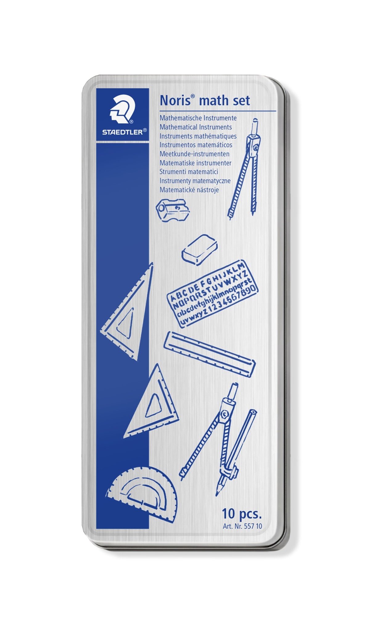 Closed Staedtler Noris math set tin with line drawings of a compass, protractor, set squares and sharpener, marked 10 pcs