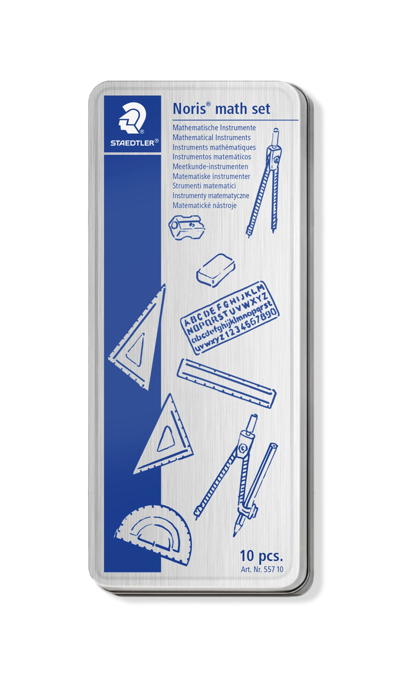 Closed Staedtler Noris math set tin with line drawings of a compass, protractor, set squares and sharpener, marked 10 pcs