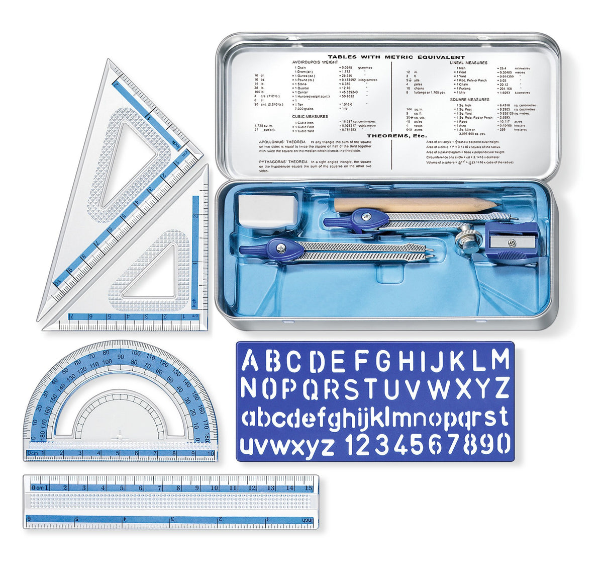 Contents of the Staedtler 557 10 tin laid out: two set squares, protractor, ruler, lettering stencil, compass, dividers, pencil, eraser and sharpener