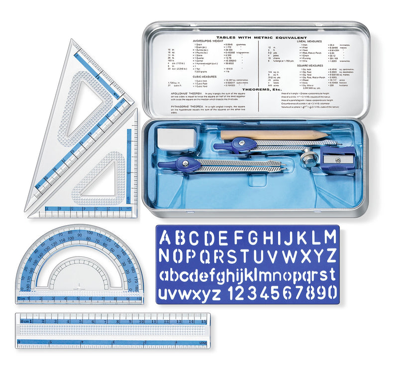 Contents of the Staedtler 557 10 tin laid out: two set squares, protractor, ruler, lettering stencil, compass, dividers, pencil, eraser and sharpener