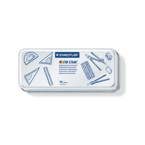 Earlier Staedtler Noris Club mathematical instruments tin with line drawings of a protractor, set squares and compass on the lid