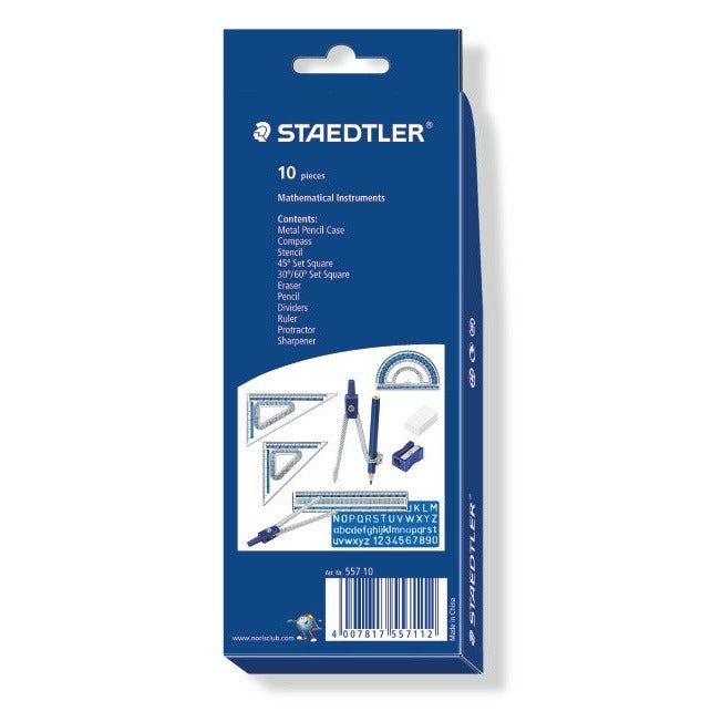 Back of an earlier Staedtler 557 10 box listing the contents: metal pencil case, compass, stencil, set squares, eraser, pencil, dividers, ruler, protractor, sharpener