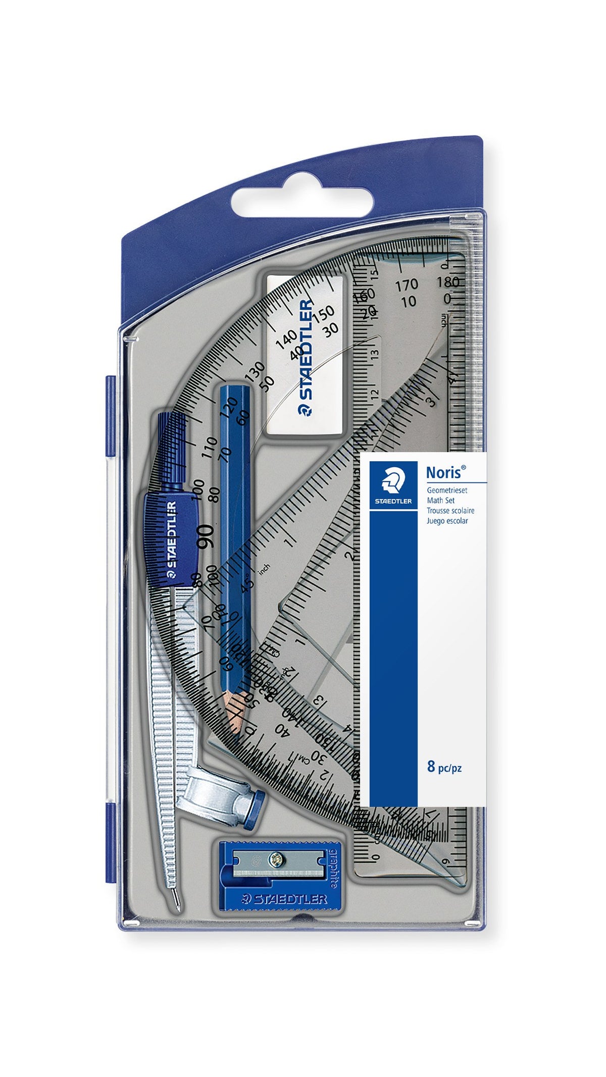 Staedtler Noris 550 60 S8 maths set in its blue and grey flip open case: compass, pencil, eraser, sharpener, protractor, ruler and set squares behind a Noris 8 pc label