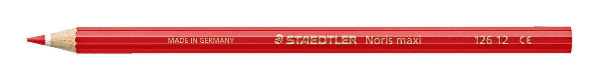 Single red Staedtler Noris maxi learner pencil lying flat, sharpened tip on the left, hexagonal red barrel with gold print