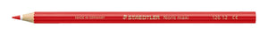 Single red Staedtler Noris maxi learner pencil lying flat, sharpened tip on the left, hexagonal red barrel with gold print