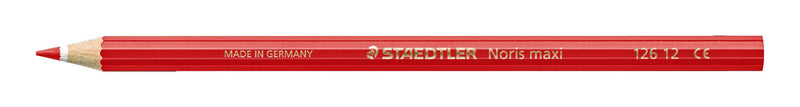 Single red Staedtler Noris maxi learner pencil lying flat, sharpened tip on the left, hexagonal red barrel with gold print