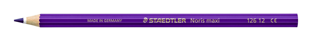 Single violet Staedtler Noris maxi learner coloured pencil 126 12 lying flat, barrel printed MADE IN GERMANY, STAEDTLER Noris maxi and 126 12, sharpened tip at left