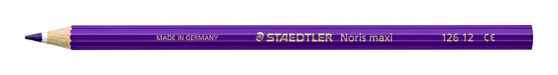 Single violet Staedtler Noris maxi learner coloured pencil 126 12 lying flat, barrel printed MADE IN GERMANY, STAEDTLER Noris maxi and 126 12, sharpened tip at left