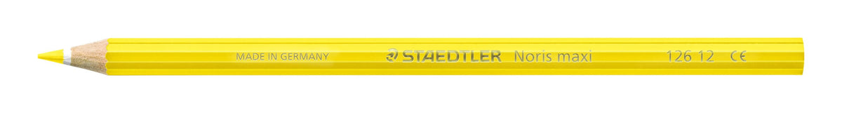 Single yellow Staedtler Noris maxi learner coloured pencil 126 12 lying flat, barrel printed MADE IN GERMANY, STAEDTLER Noris maxi and 126 12, sharpened tip at left