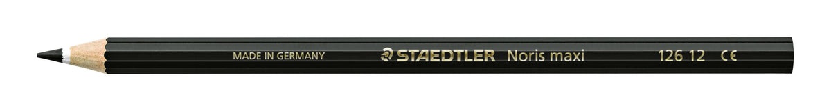Single black Staedtler Noris maxi learner coloured pencil 126 12 lying flat, barrel printed MADE IN GERMANY, STAEDTLER Noris maxi and 126 12, sharpened tip at left
