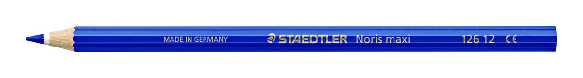Single blue Staedtler Noris maxi learner coloured pencil 126 12 lying flat, barrel printed MADE IN GERMANY, STAEDTLER Noris maxi and 126 12, sharpened tip at left