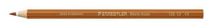 Single brown Staedtler Noris maxi learner coloured pencil 126 12 lying flat, barrel printed MADE IN GERMANY, STAEDTLER Noris maxi and 126 12, sharpened tip at left