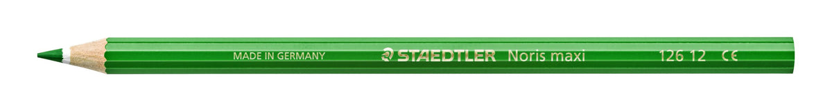 Staedtler studio image of a green Noris maxi learner pencil 126 12-5, barrel printed STAEDTLER Noris maxi, 126 12 and CE