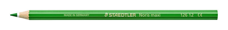 Staedtler studio image of a green Noris maxi learner pencil 126 12-5, barrel printed STAEDTLER Noris maxi, 126 12 and CE