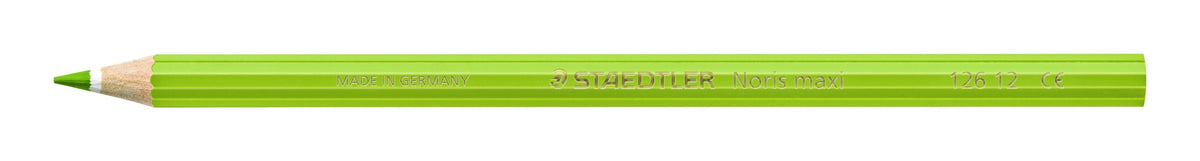 Single light green Staedtler Noris maxi learner coloured pencil 126 12 lying flat, barrel printed MADE IN GERMANY, STAEDTLER Noris maxi and 126 12, sharpened tip at left
