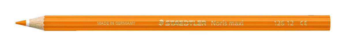 Staedtler studio image of an orange Noris maxi learner pencil 126 12-4, barrel printed MADE IN GERMANY, STAEDTLER Noris maxi, 126 12 and CE
