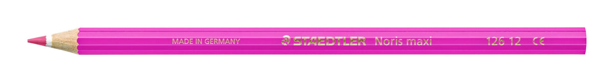 Single pink Staedtler Noris maxi learner coloured pencil 126 12 lying flat, barrel printed MADE IN GERMANY, STAEDTLER Noris maxi and 126 12, sharpened tip at left