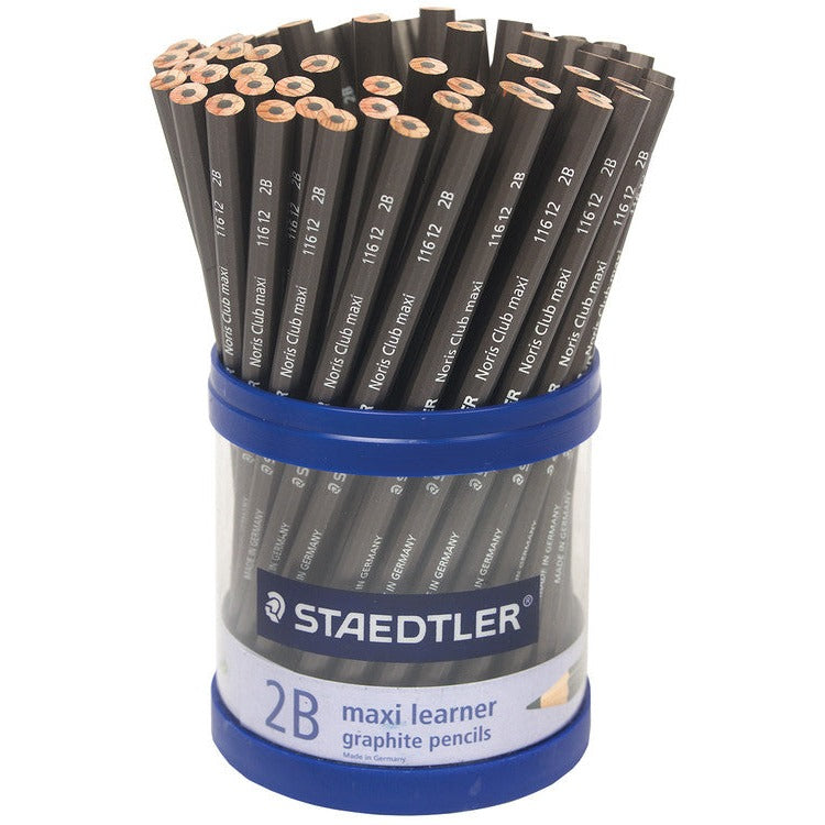 Clear Staedtler tub with a blue base and band printed 2B maxi learner graphite pencils, filled with dark grey pencils