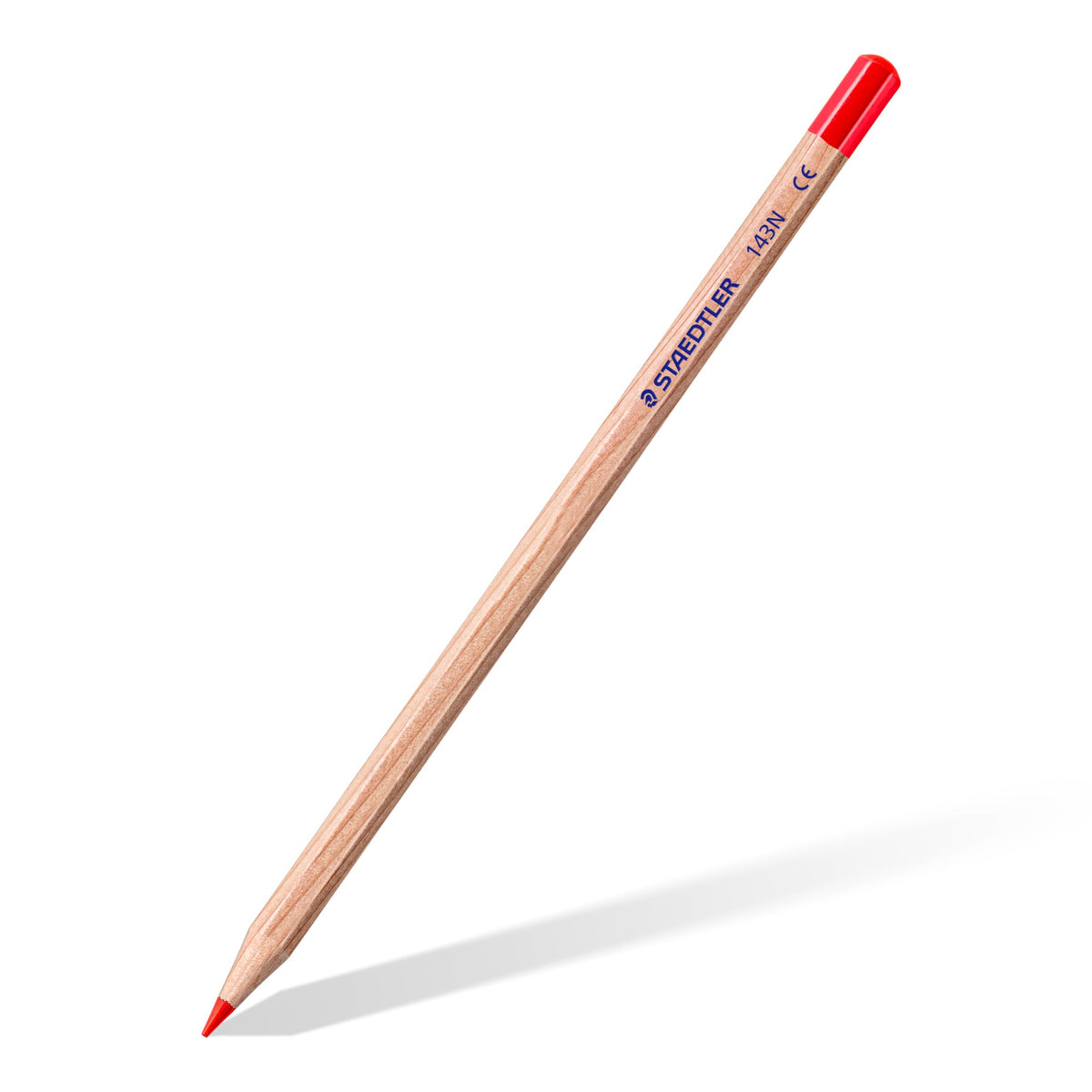 One red 143N natural coloured pencil on the diagonal, plain hexagonal wood barrel with a red point and dipped end