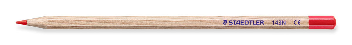 Red Staedtler 143N natural coloured pencil side on, unpainted wood barrel printed STAEDTLER 143N with a red point and red dipped end
