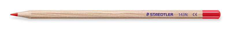 Red Staedtler 143N natural coloured pencil side on, unpainted wood barrel printed STAEDTLER 143N with a red point and red dipped end