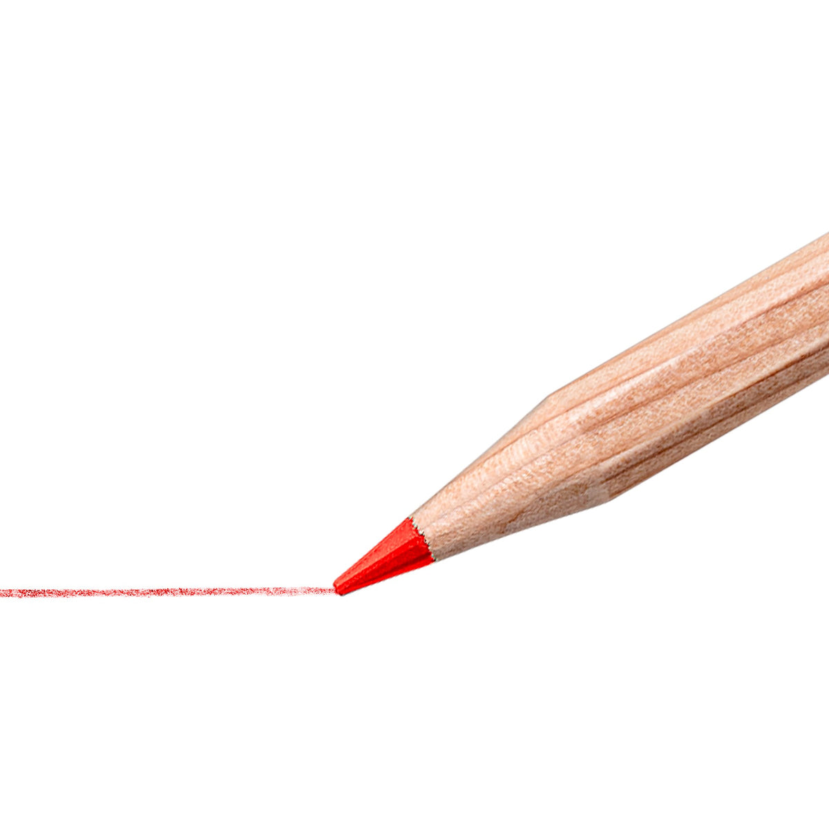 Close-up of a sharpened red 143N natural pencil drawing a line, showing the hexagonal wood barrel