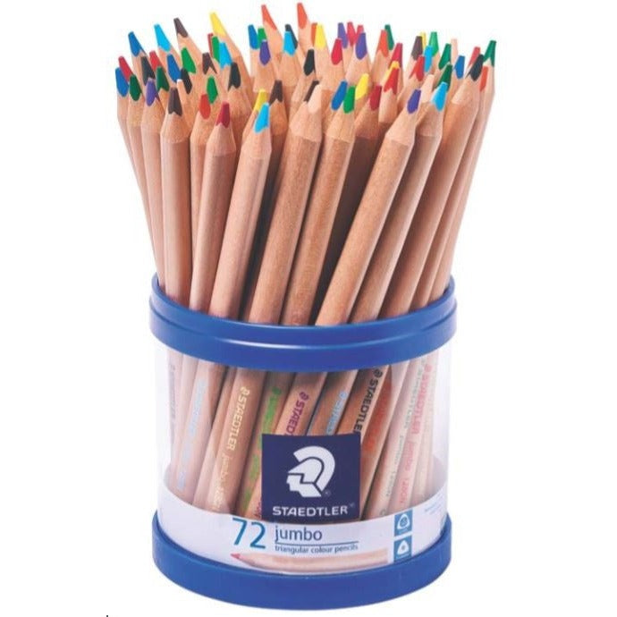 Clear Staedtler cup of 72 jumbo triangular natural coloured pencils 1280N KP72 with a blue lid and base and the Staedtler logo on the label