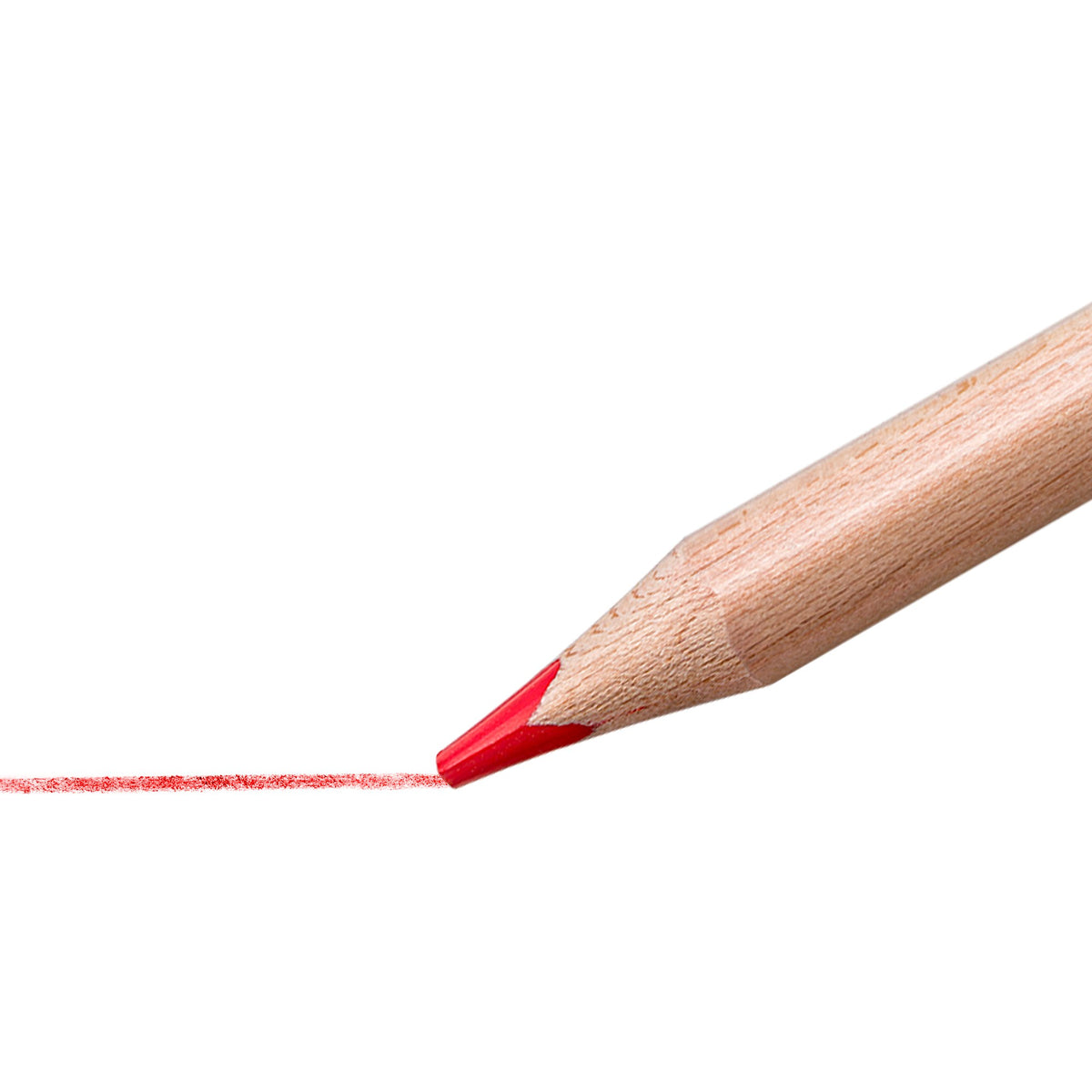 Red 1280N jumbo pencil point drawing a line, close-up of the natural wood cone and colour lead