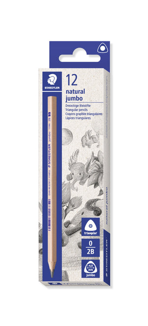 Current Staedtler box printed 12 natural jumbo triangular pencils with a 2B natural wood jumbo pencil on the front