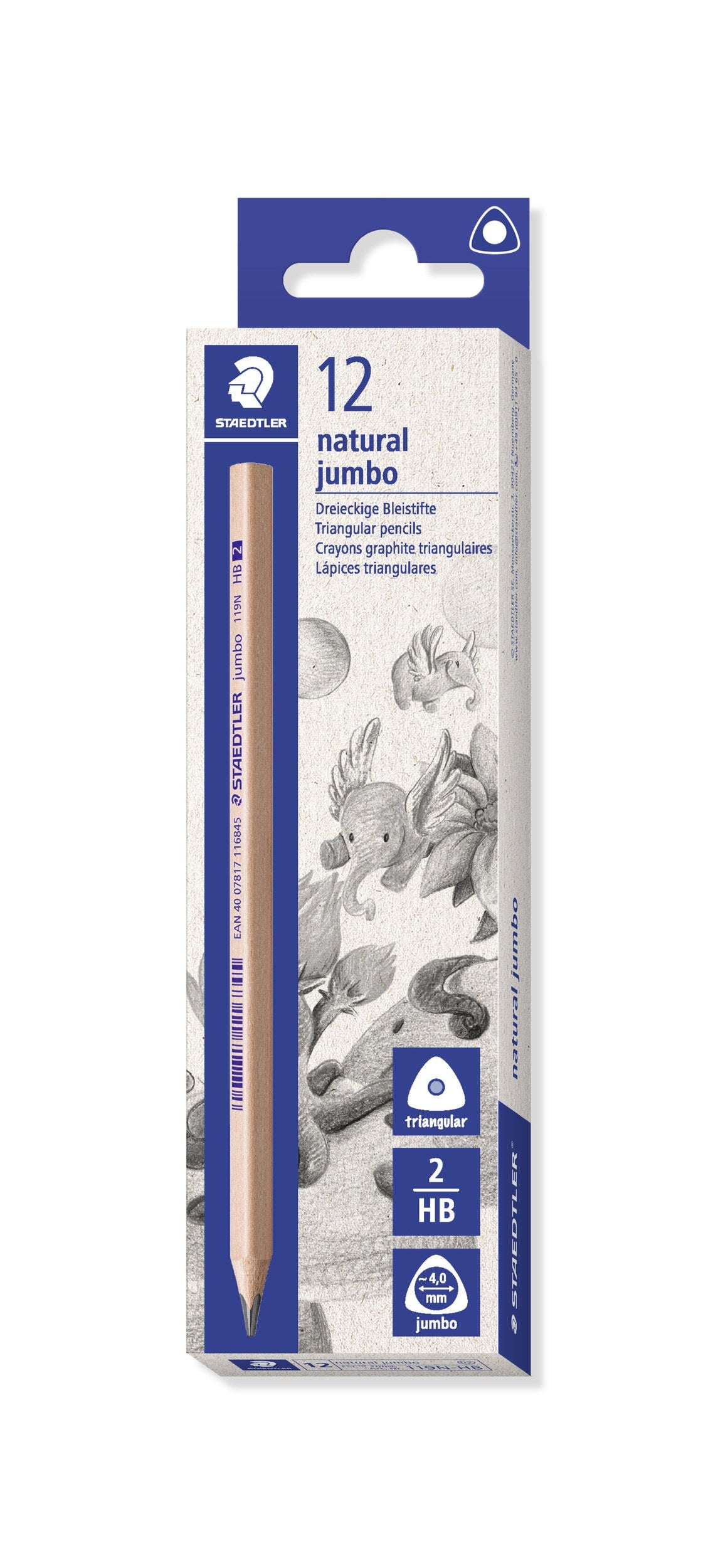 Current Staedtler box printed 12 natural jumbo triangular pencils with a 2 HB natural wood jumbo pencil on the front