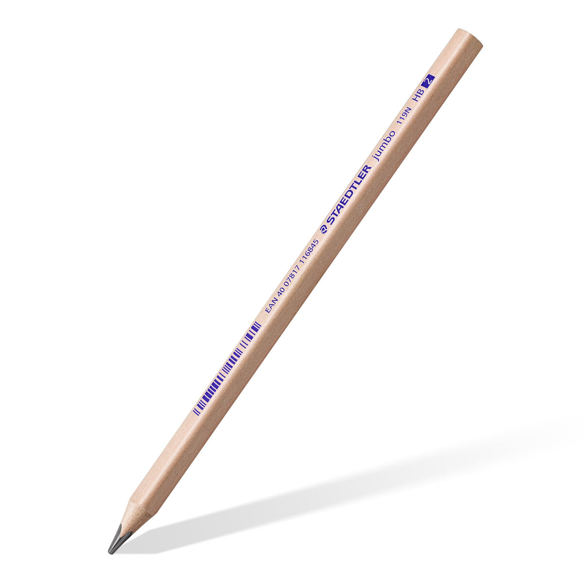 Single pencil from the cup, a Staedtler natural jumbo triangular HB pencil with blue STAEDTLER and HB print