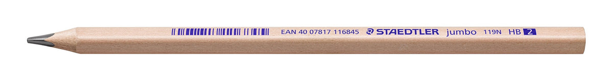 Full-length side view of the Staedtler 119N-HB natural jumbo pencil with its blue barcode stripe