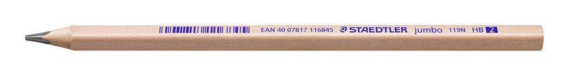 Full-length side view of the Staedtler 119N-HB natural jumbo pencil with its blue barcode stripe