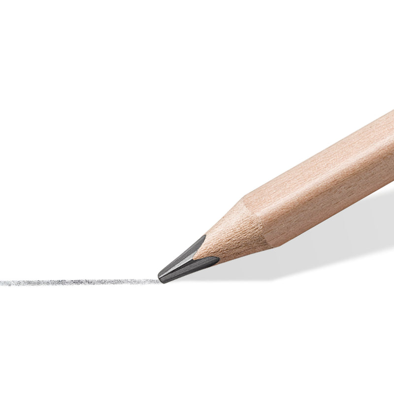 Close-up of a sharpened Staedtler natural jumbo HB pencil point drawing a light grey line