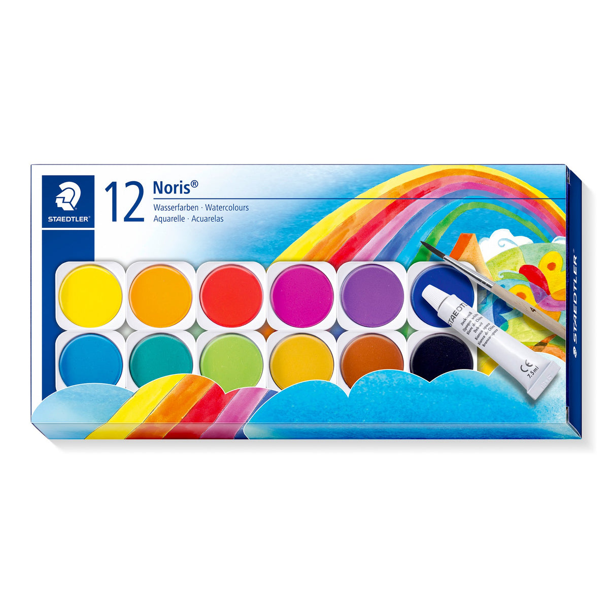 Staedtler Noris 888 paint box sleeve printed 12 Noris with a rainbow, the round paint pots and the tube of white shown on the front