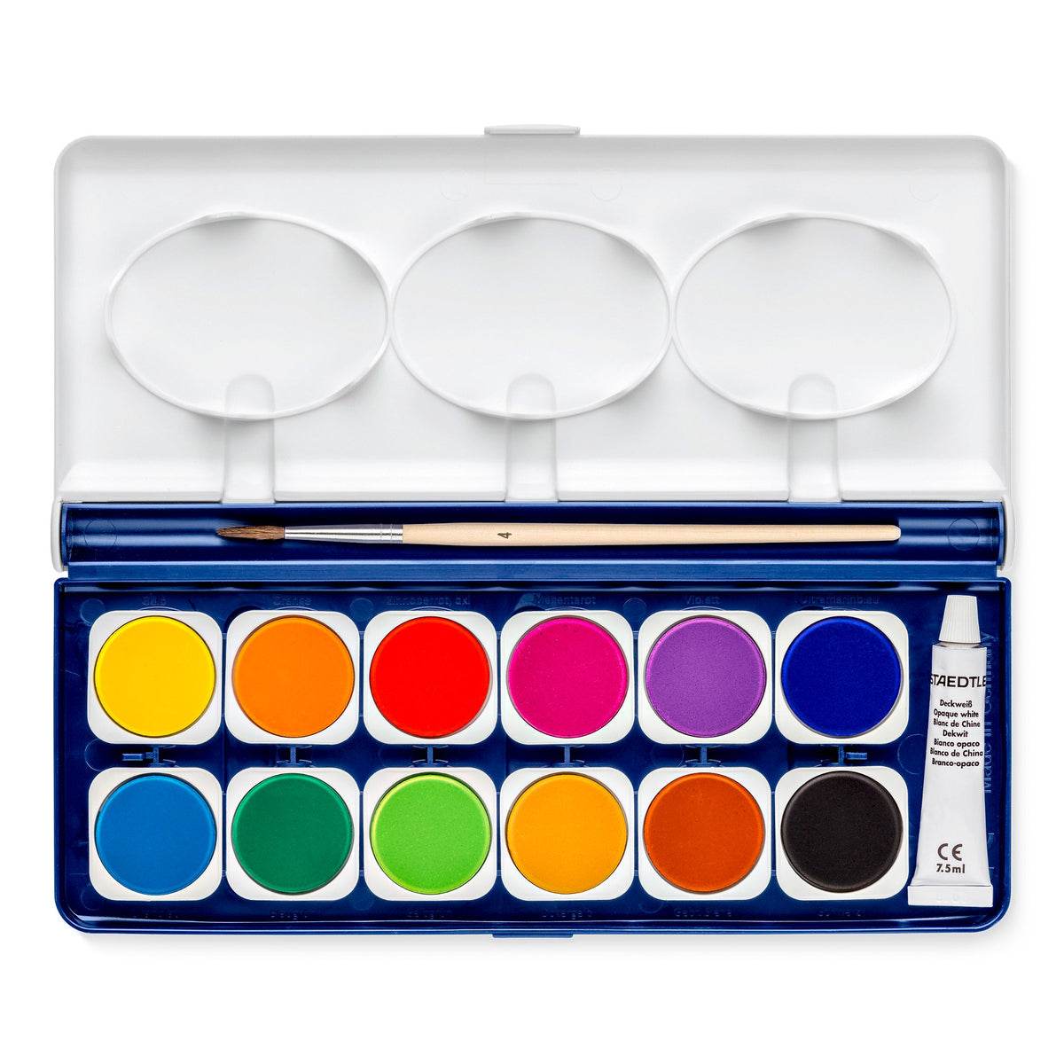 Open Noris 888 case: two rows of six round watercolour pots in a navy tray, a brush and a white tube, with the white lid and its mixing wells above
